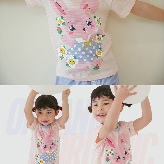 正韓 Puco 超優質嬰幼兒/兒童短袖100% 有機棉家居服/睡衣_兔子花花_PCS21-004