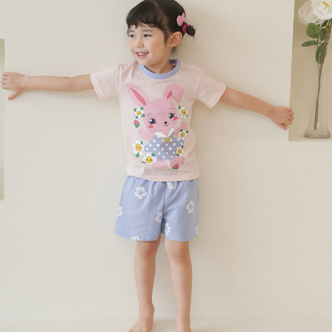正韓 Puco 超優質嬰幼兒/兒童短袖100% 有機棉家居服/睡衣_兔子花花_PCS21-004