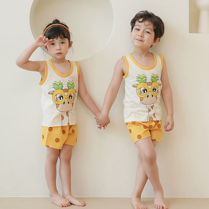 正韓 Puco 超優質嬰幼兒/兒童無袖100% 有機棉家居服/睡衣_我愛長頸鹿_PCS21-005