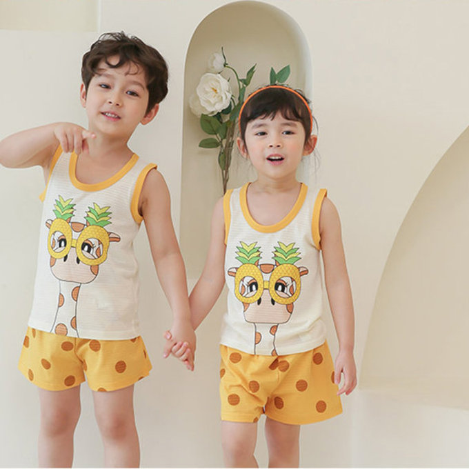 正韓 Puco 超優質嬰幼兒/兒童無袖100% 有機棉家居服/睡衣_我愛長頸鹿_PCS21-005