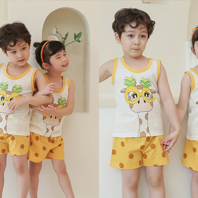 正韓 Puco 超優質嬰幼兒/兒童無袖100% 有機棉家居服/睡衣_我愛長頸鹿_PCS21-005