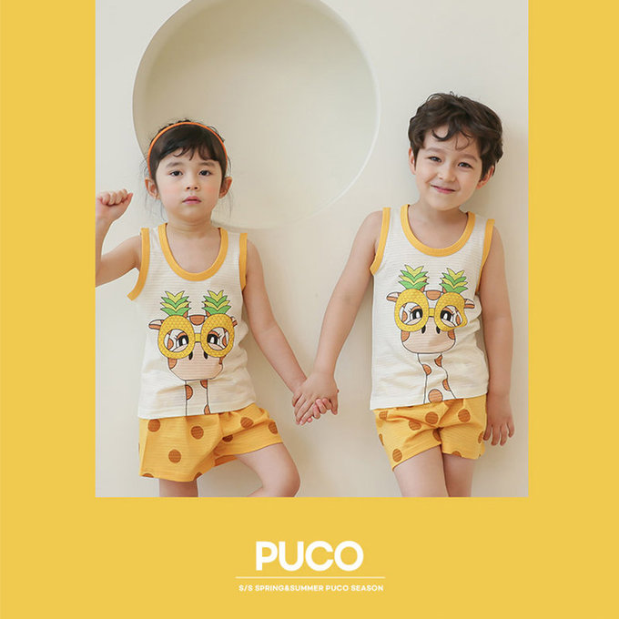 正韓 Puco 超優質嬰幼兒/兒童無袖100% 有機棉家居服/睡衣_我愛長頸鹿_PCS21-005