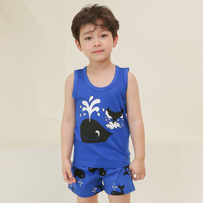 正韓 Puco 超優質嬰幼兒/兒童無袖100% 有機棉家居服/睡衣_鯨魚噴水_PCS21-006