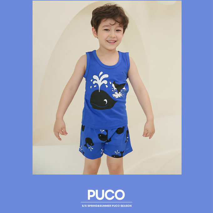 正韓 Puco 超優質嬰幼兒/兒童無袖100% 有機棉家居服/睡衣_鯨魚噴水_PCS21-006