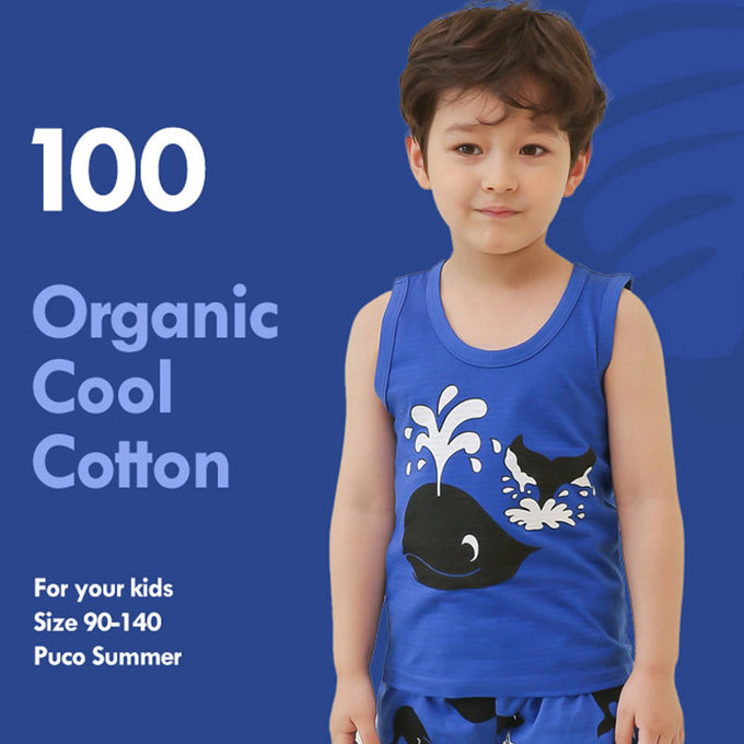 正韓 Puco 超優質嬰幼兒/兒童無袖100% 有機棉家居服/睡衣_鯨魚噴水_PCS21-006