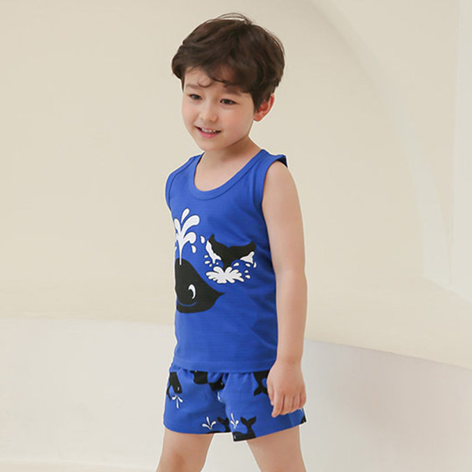 正韓 Puco 超優質嬰幼兒/兒童無袖100% 有機棉家居服/睡衣_鯨魚噴水_PCS21-006