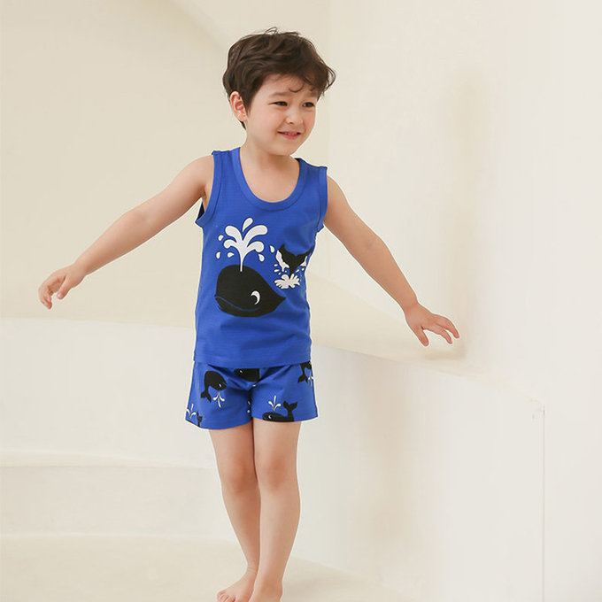 正韓 Puco 超優質嬰幼兒/兒童無袖100% 有機棉家居服/睡衣_鯨魚噴水_PCS21-006
