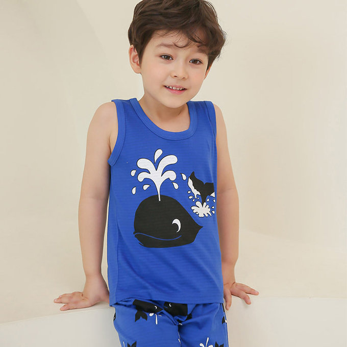 正韓 Puco 超優質嬰幼兒/兒童無袖100% 有機棉家居服/睡衣_鯨魚噴水_PCS21-006