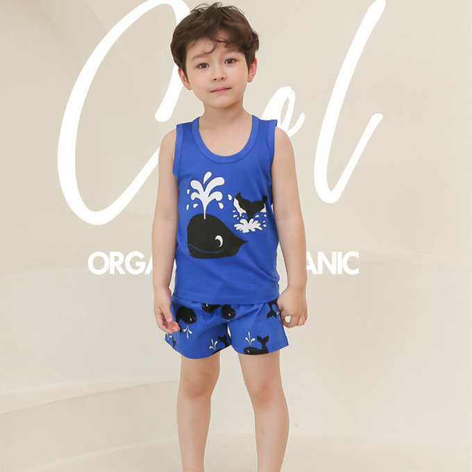 正韓 Puco 超優質嬰幼兒/兒童無袖100% 有機棉家居服/睡衣_鯨魚噴水_PCS21-006