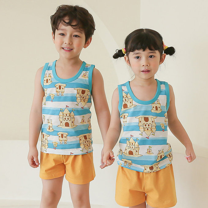 正韓 Puco 超優質嬰幼兒/兒童無袖100% 有機棉家居服/睡衣_沙灘城堡_PCS21-007