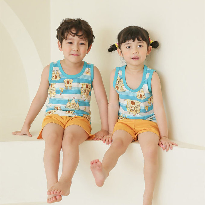 正韓 Puco 超優質嬰幼兒/兒童無袖100% 有機棉家居服/睡衣_沙灘城堡_PCS21-007