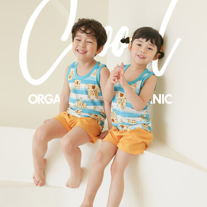 正韓 Puco 超優質嬰幼兒/兒童無袖100% 有機棉家居服/睡衣_沙灘城堡_PCS21-007