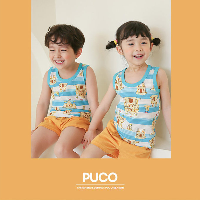 正韓 Puco 超優質嬰幼兒/兒童無袖100% 有機棉家居服/睡衣_沙灘城堡_PCS21-007