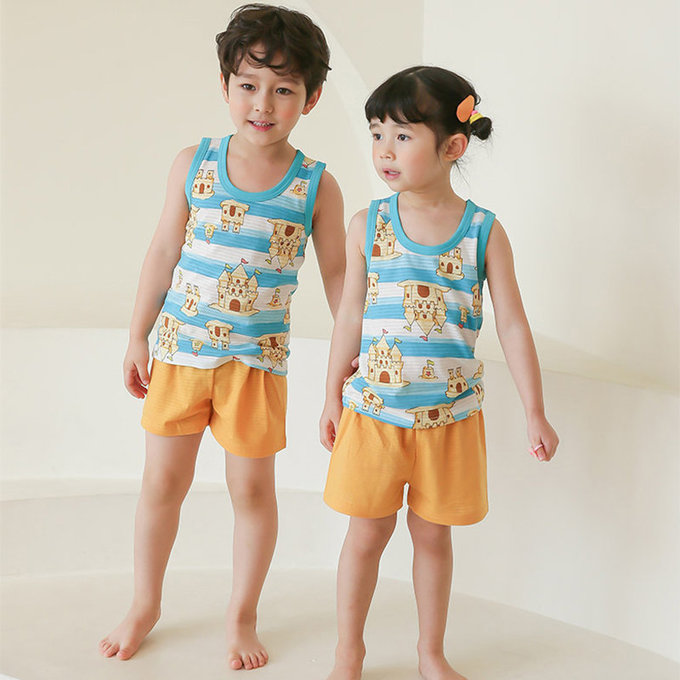 正韓 Puco 超優質嬰幼兒/兒童無袖100% 有機棉家居服/睡衣_沙灘城堡_PCS21-007