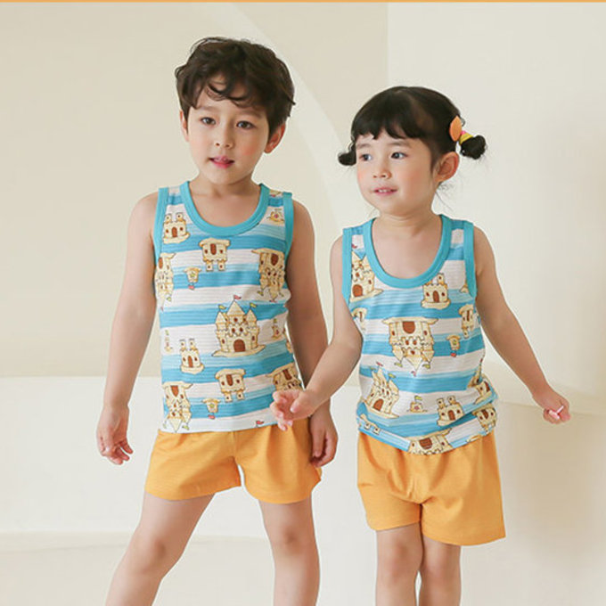 正韓 Puco 超優質嬰幼兒/兒童無袖100% 有機棉家居服/睡衣_沙灘城堡_PCS21-007