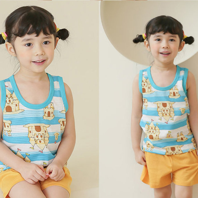 正韓 Puco 超優質嬰幼兒/兒童無袖100% 有機棉家居服/睡衣_沙灘城堡_PCS21-007