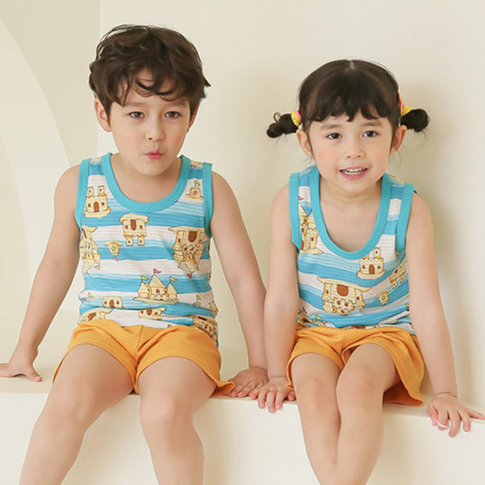 正韓 Puco 超優質嬰幼兒/兒童無袖100% 有機棉家居服/睡衣_沙灘城堡_PCS21-007