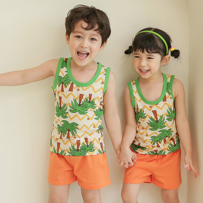 正韓 Puco 超優質嬰幼兒/兒童無袖100% 有機棉家居服/睡衣_度假椰子林_PCS21-008