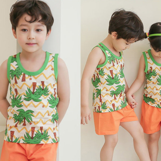 正韓 Puco 超優質嬰幼兒/兒童無袖100% 有機棉家居服/睡衣_度假椰子林_PCS21-008