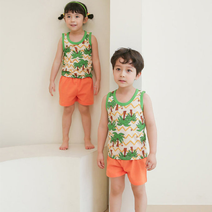 正韓 Puco 超優質嬰幼兒/兒童無袖100% 有機棉家居服/睡衣_度假椰子林_PCS21-008