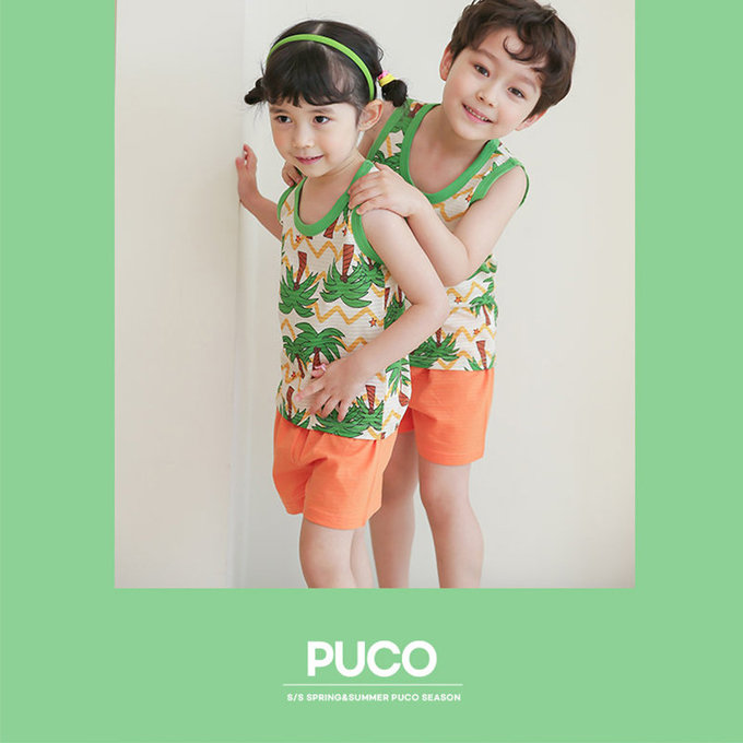 正韓 Puco 超優質嬰幼兒/兒童無袖100% 有機棉家居服/睡衣_度假椰子林_PCS21-008