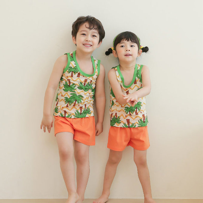正韓 Puco 超優質嬰幼兒/兒童無袖100% 有機棉家居服/睡衣_度假椰子林_PCS21-008