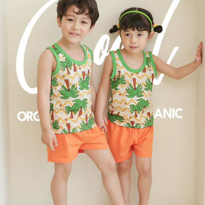 正韓 Puco 超優質嬰幼兒/兒童無袖100% 有機棉家居服/睡衣_度假椰子林_PCS21-008
