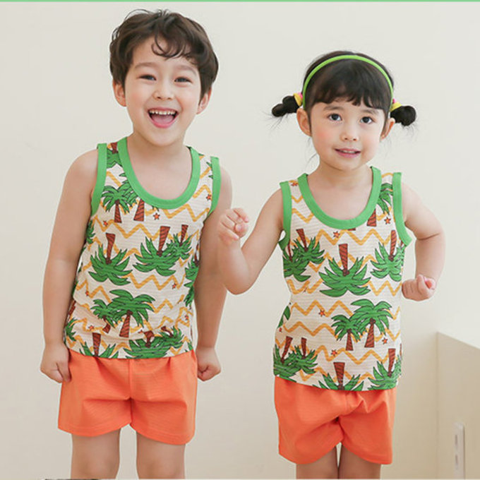 正韓 Puco 超優質嬰幼兒/兒童無袖100% 有機棉家居服/睡衣_度假椰子林_PCS21-008
