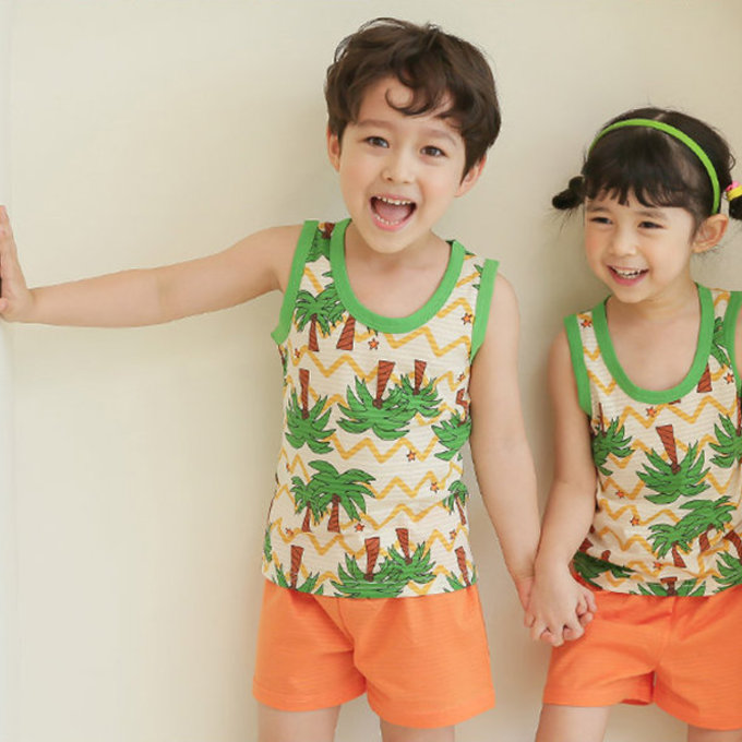 正韓 Puco 超優質嬰幼兒/兒童無袖100% 有機棉家居服/睡衣_度假椰子林_PCS21-008
