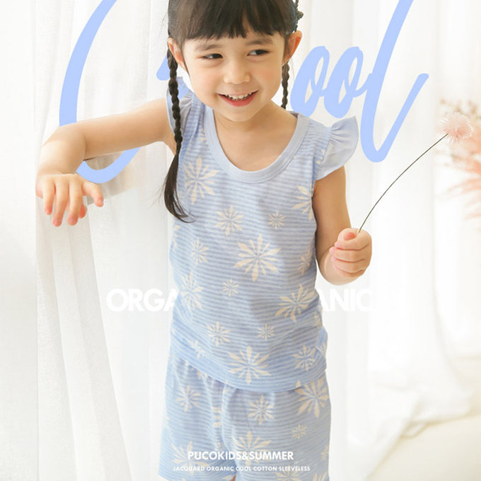正韓 Puco 超優質嬰幼兒/兒童無袖100% 有機棉家居服/睡衣_粉藍冰晶_PCS21-009