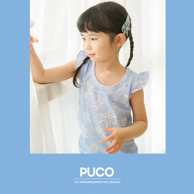 正韓 Puco 超優質嬰幼兒/兒童無袖100% 有機棉家居服/睡衣_粉藍冰晶_PCS21-009