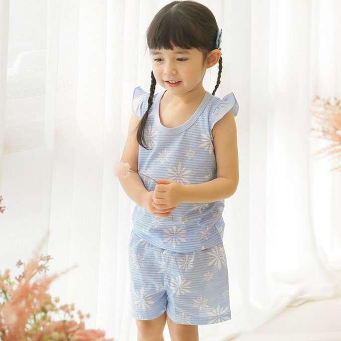正韓 Puco 超優質嬰幼兒/兒童無袖100% 有機棉家居服/睡衣_粉藍冰晶_PCS21-009