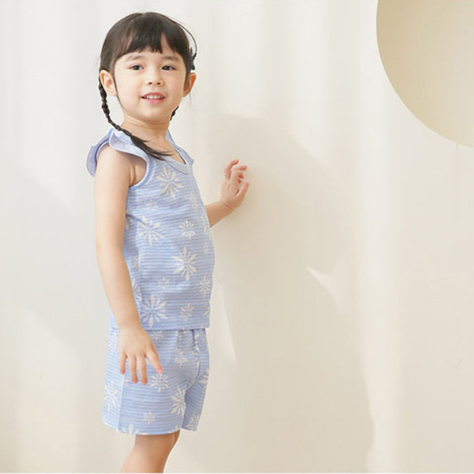 正韓 Puco 超優質嬰幼兒/兒童無袖100% 有機棉家居服/睡衣_粉藍冰晶_PCS21-009