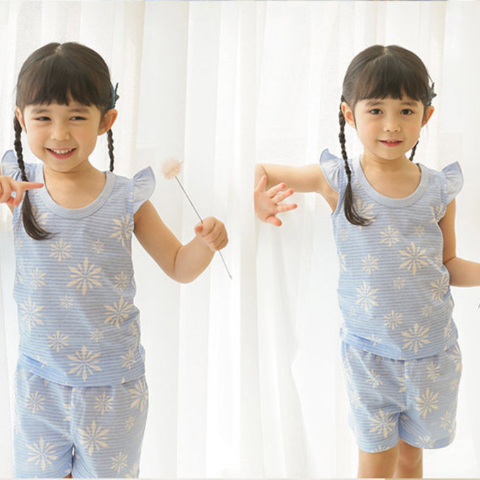 正韓 Puco 超優質嬰幼兒/兒童無袖100% 有機棉家居服/睡衣_粉藍冰晶_PCS21-009