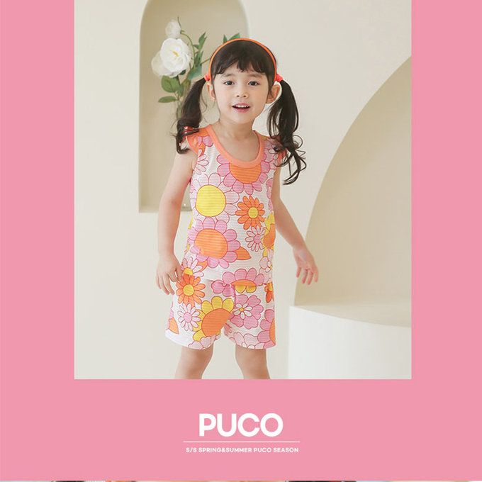 正韓 Puco 超優質嬰幼兒/兒童無袖100% 有機棉家居服/睡衣_花花世界_PCS21-010