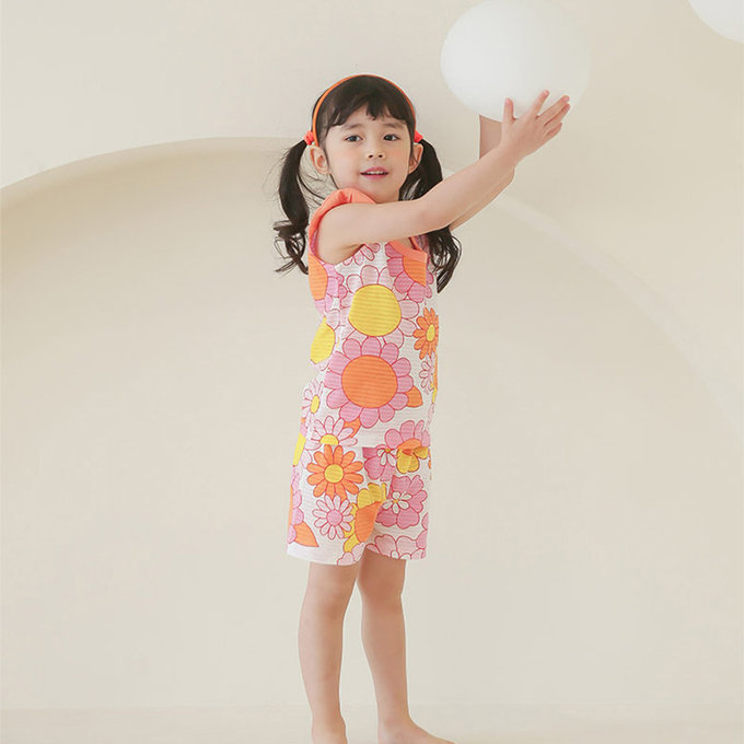 正韓 Puco 超優質嬰幼兒/兒童無袖100% 有機棉家居服/睡衣_花花世界_PCS21-010