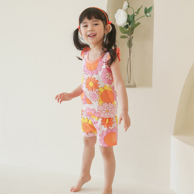 正韓 Puco 超優質嬰幼兒/兒童無袖100% 有機棉家居服/睡衣_花花世界_PCS21-010