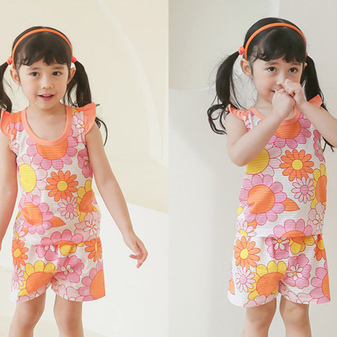 正韓 Puco 超優質嬰幼兒/兒童無袖100% 有機棉家居服/睡衣_花花世界_PCS21-010