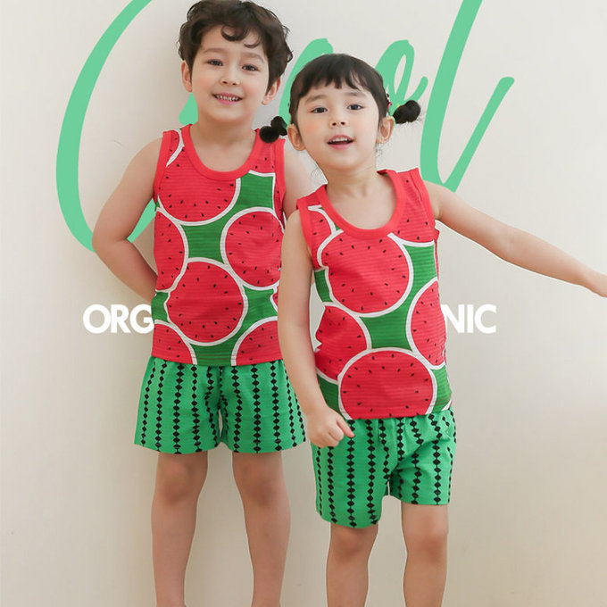 正韓 Puco 超優質嬰幼兒/兒童無袖100% 有機棉家居服/睡衣_冰涼西瓜_PCS21-011