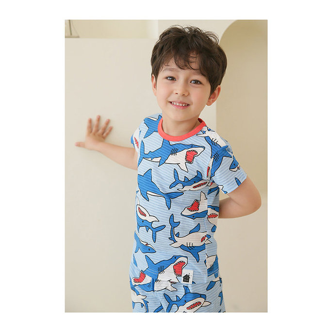 正韓 VOVO 超優質嬰幼兒/兒童短袖100% 有機純棉家居服/睡衣_海洋鯊魚_VO21-002