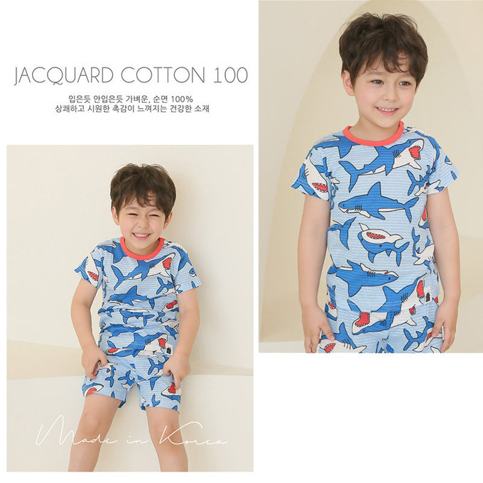 正韓 VOVO 超優質嬰幼兒/兒童短袖100% 有機純棉家居服/睡衣_海洋鯊魚_VO21-002