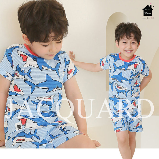 正韓 VOVO 超優質嬰幼兒/兒童短袖100% 有機純棉家居服/睡衣_海洋鯊魚_VO21-002