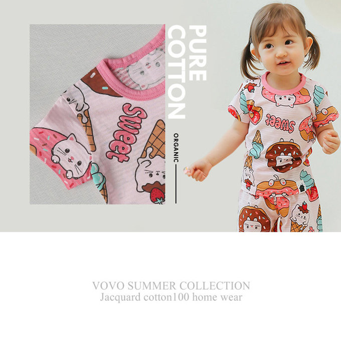 正韓 VOVO 超優質嬰幼兒/兒童短袖100% 有機純棉家居服/睡衣_甜點貓_VO21-004