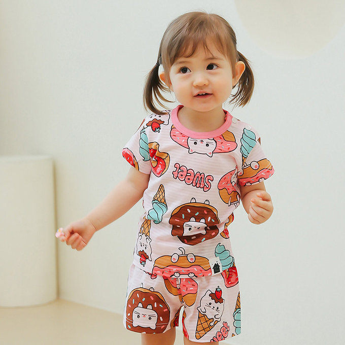 正韓 VOVO 超優質嬰幼兒/兒童短袖100% 有機純棉家居服/睡衣_甜點貓_VO21-004