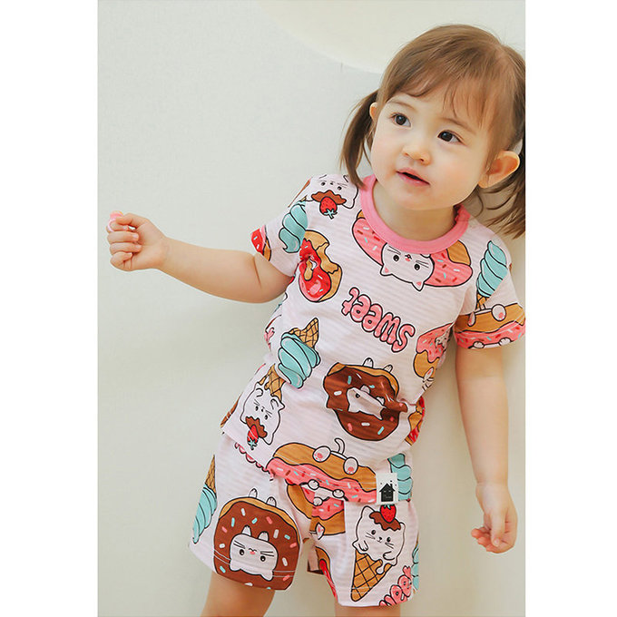 正韓 VOVO 超優質嬰幼兒/兒童短袖100% 有機純棉家居服/睡衣_甜點貓_VO21-004
