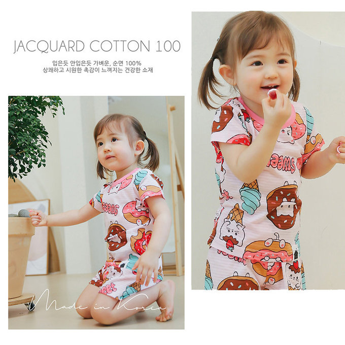 正韓 VOVO 超優質嬰幼兒/兒童短袖100% 有機純棉家居服/睡衣_甜點貓_VO21-004