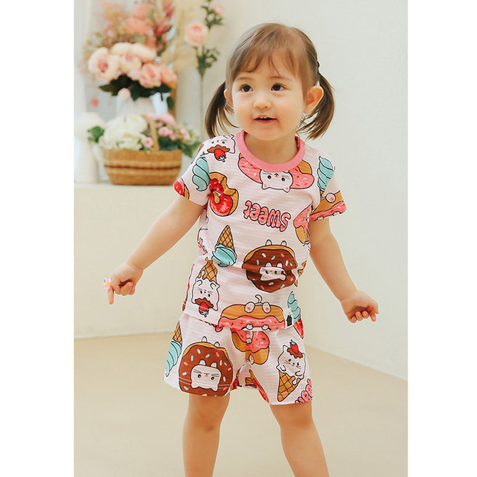 正韓 VOVO 超優質嬰幼兒/兒童短袖100% 有機純棉家居服/睡衣_甜點貓_VO21-004
