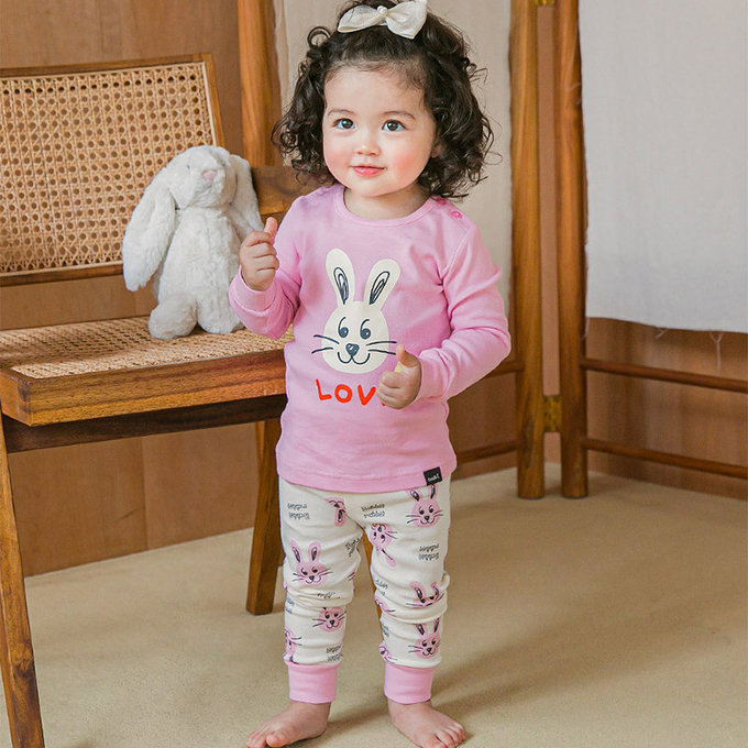 韓國原廠進口 Cordi- I  無螢光劑、100%純棉、30支紗幼童/小童家居服/睡衣_粉色兔子_CI005