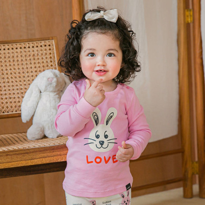 韓國原廠進口 Cordi- I  無螢光劑、100%純棉、30支紗幼童/小童家居服/睡衣_粉色兔子_CI005