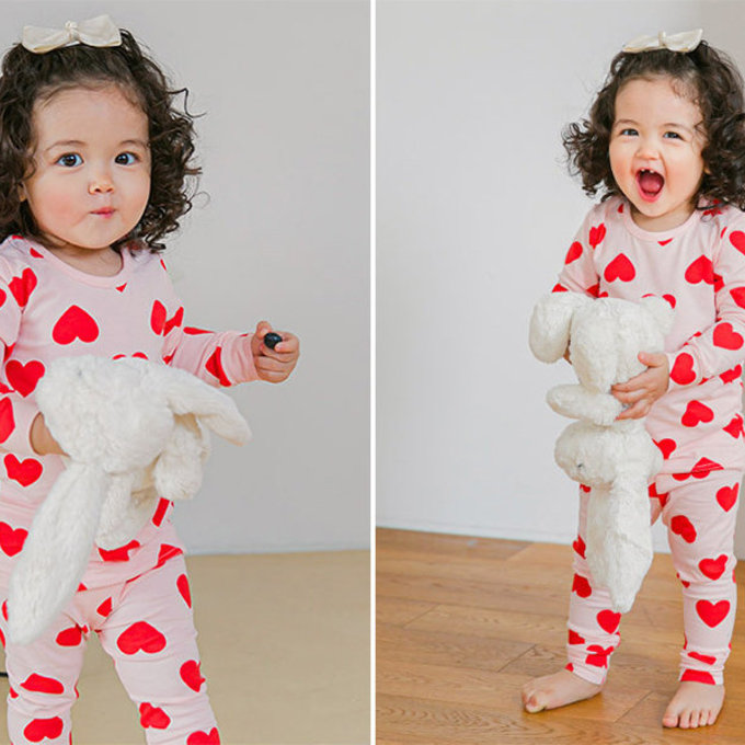 韓國原廠進口 Cordi- I  無螢光劑、100%純棉、30支紗幼童/小童家居服/睡衣_粉色愛心_CI006